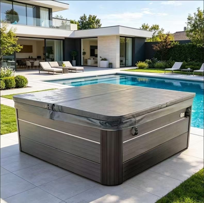 HydroSerene hot tub poolside with insulated cover fitted