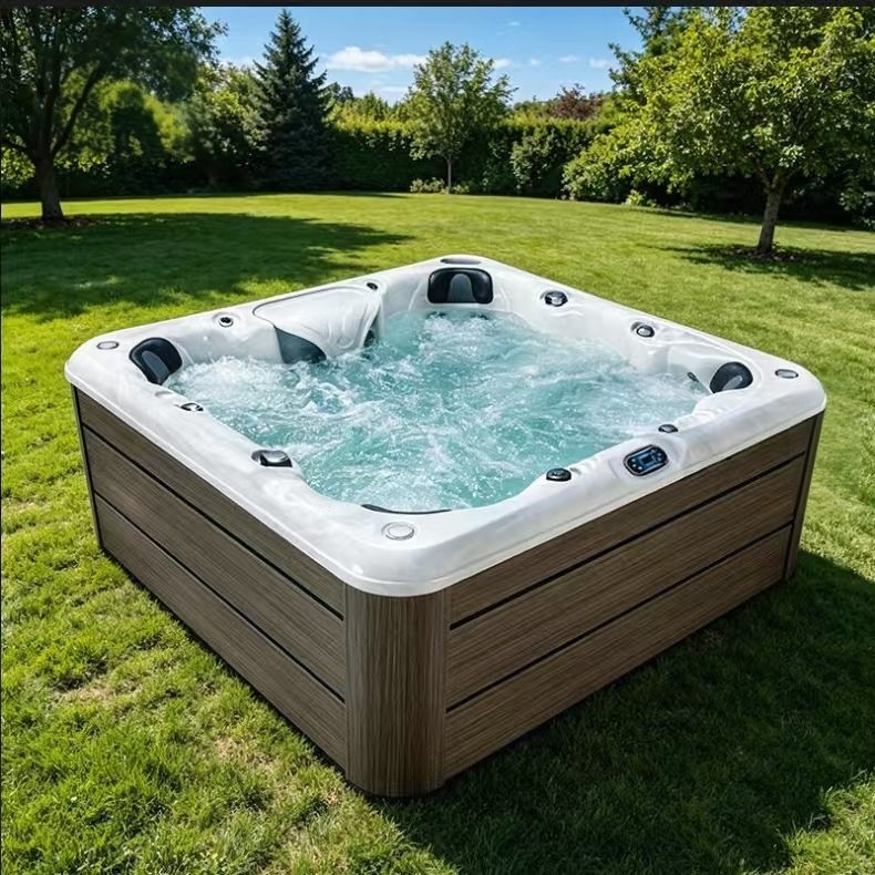HydroSerene hot tub on a garden lawn