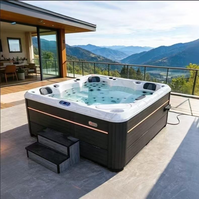 HydroSerene hot tub on a terrace with mountain view